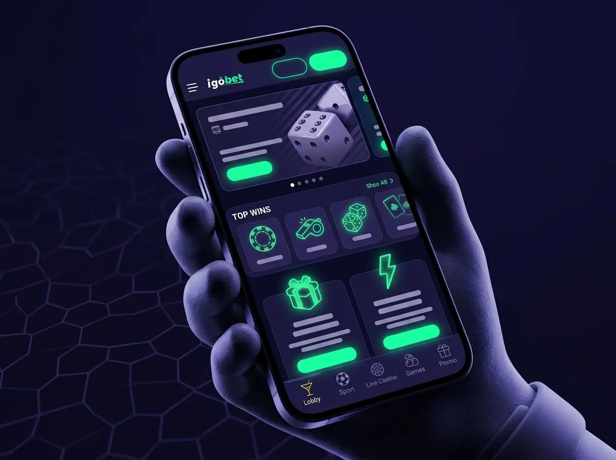 Telefoon met Igobet app interface in het donker met neon accenten