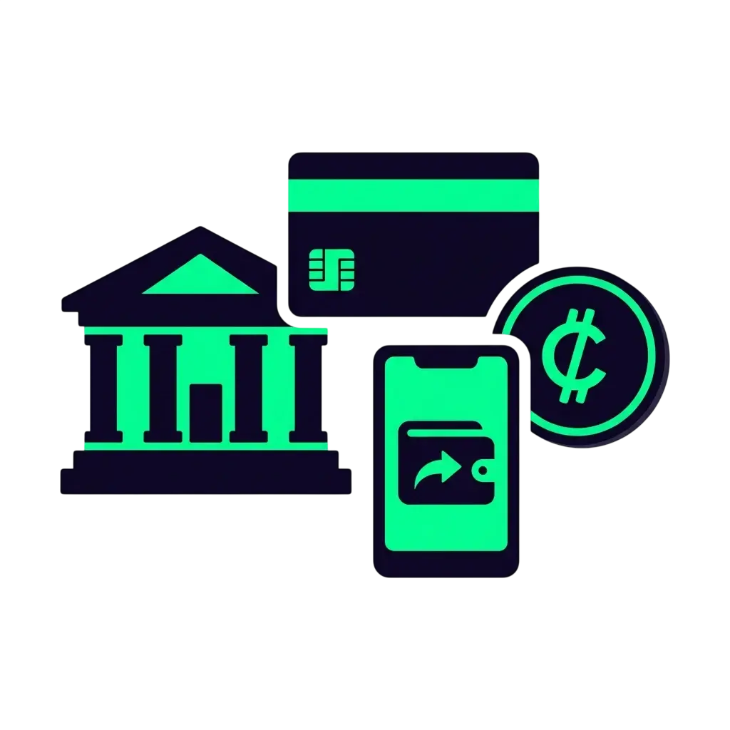 Generieke iconen voor bankoverschrijving, kaart, wallet en crypto bij Igobet